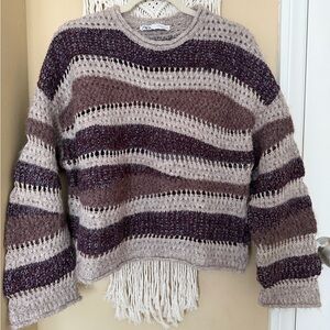 Zara Women's Crochet Striped Sweater - Beige, Brown and Dark Purple/Burgundy.